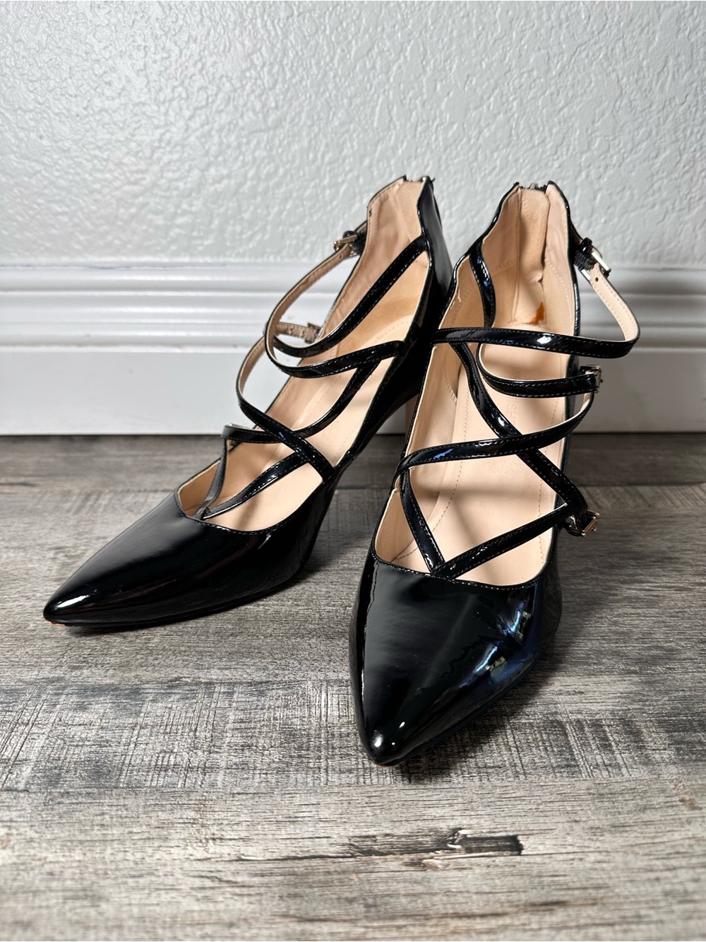Marc Fisher Black Patent Strappy Pointed-Toe Heels